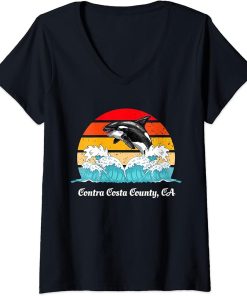 Womens Vintage Contra Costa County Distressed Orca Killer Whale Art V-Neck T-Shirt