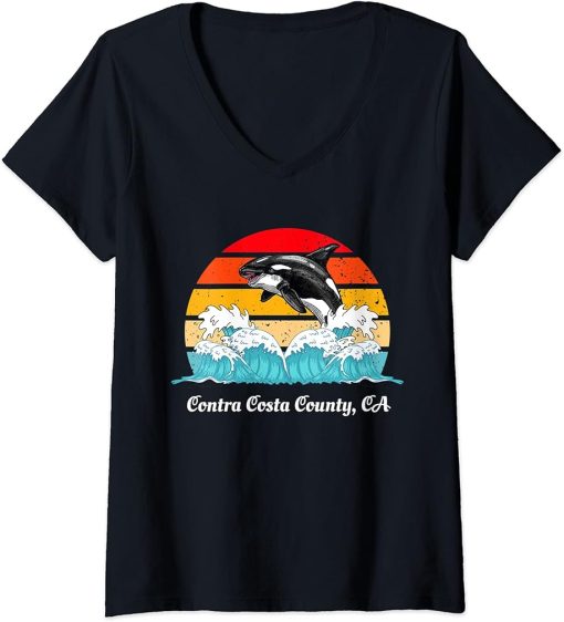 Womens Vintage Contra Costa County Distressed Orca Killer Whale Art V-Neck T-Shirt