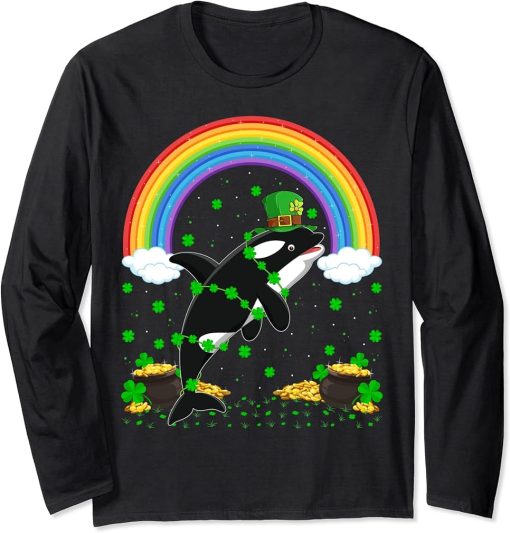 Rainbow Irish Shamrock Orca St. Patrick"s Day Long Sleeve T-Shirt