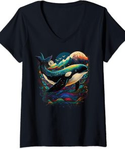 Womens Colourful mystical orca whale watching dolphin pottwhale orca whale V-Neck T-Shirt