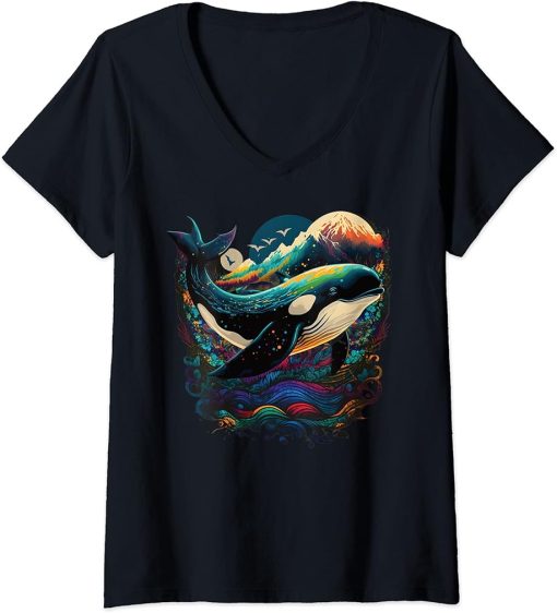 Womens Colourful mystical orca whale watching dolphin pottwhale orca whale V-Neck T-Shirt