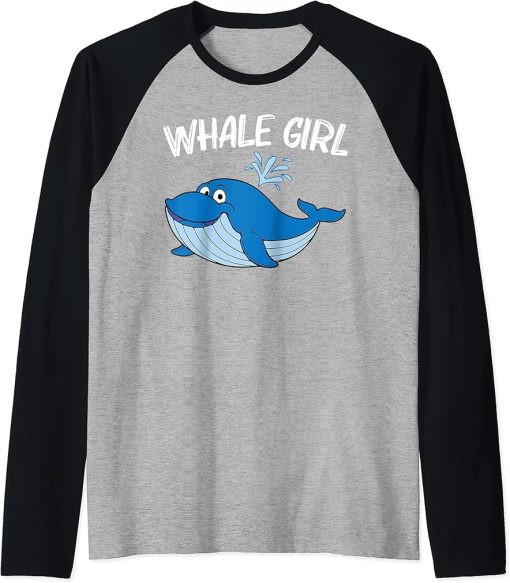 Funny Whale Art For Girls Kid Orca Narwhal Blue Whales Raglan Baseball Tee